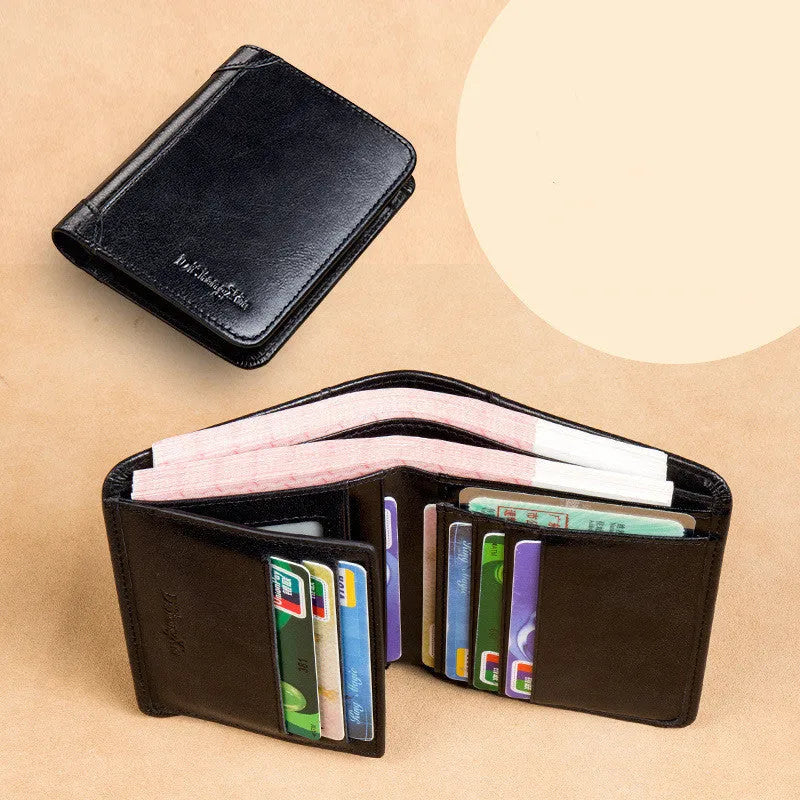 Men's brown leather bifold wallet open to show internal card slots, coin pocket, and photo holder.