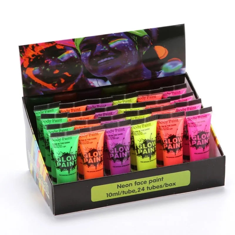 Non-toxic neon face and body paint tubes in red, yellow, green, purple, orange and pink colours.