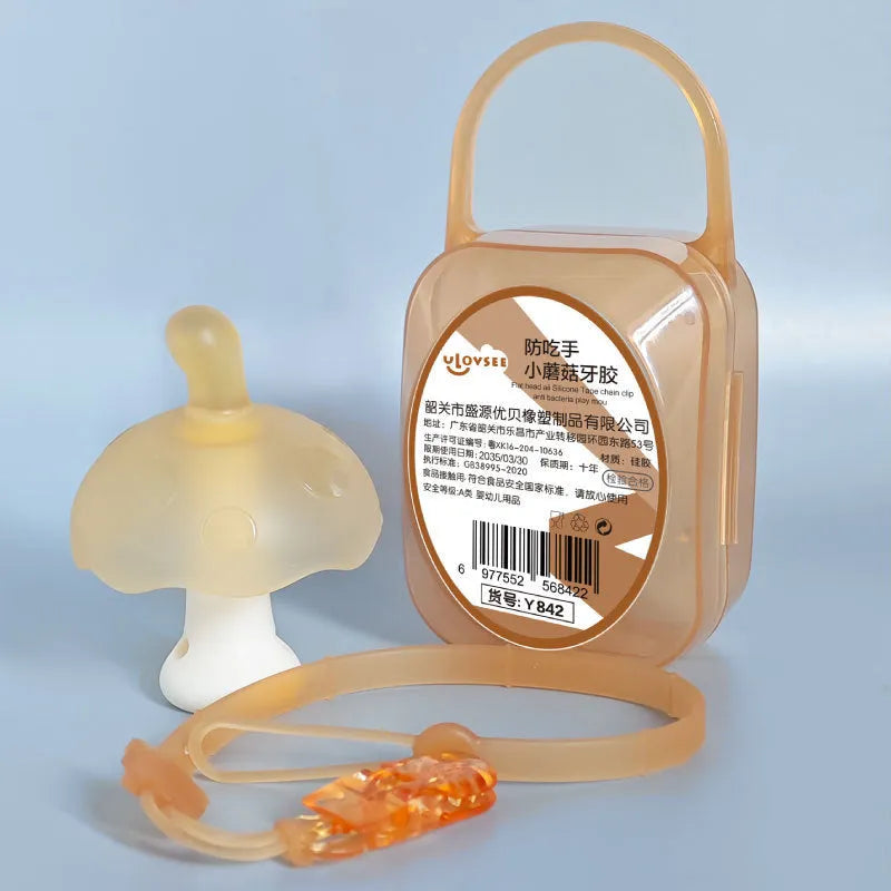 Small mushroom gum latex chew toy with transparent box and nano chain in pink colour.