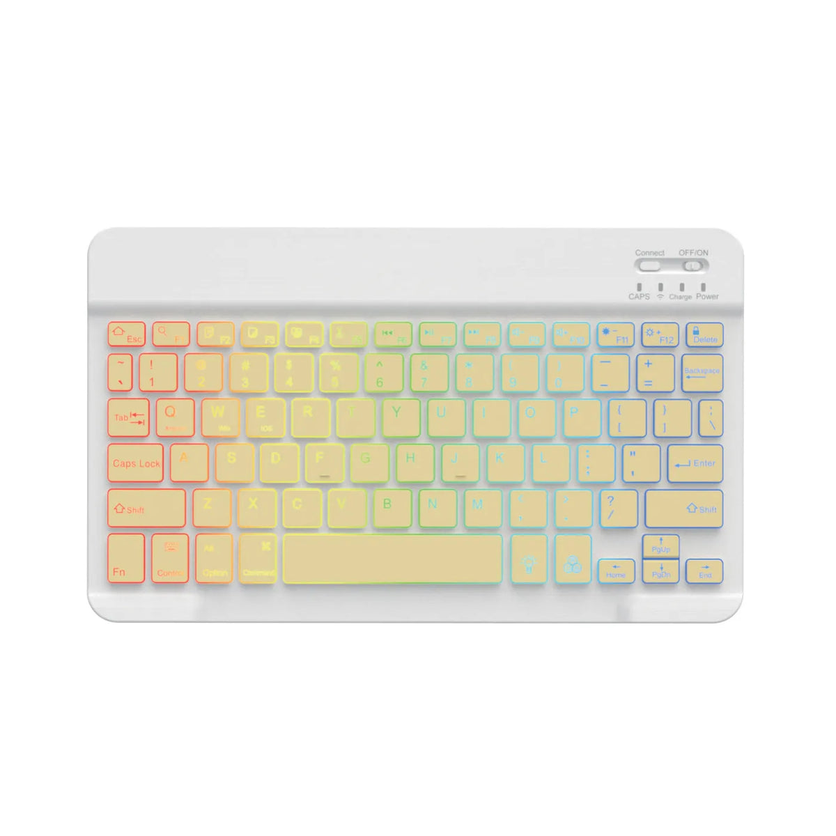 10-inch backlit Bluetooth wireless keyboard for tablets showing colourful LED lighting.