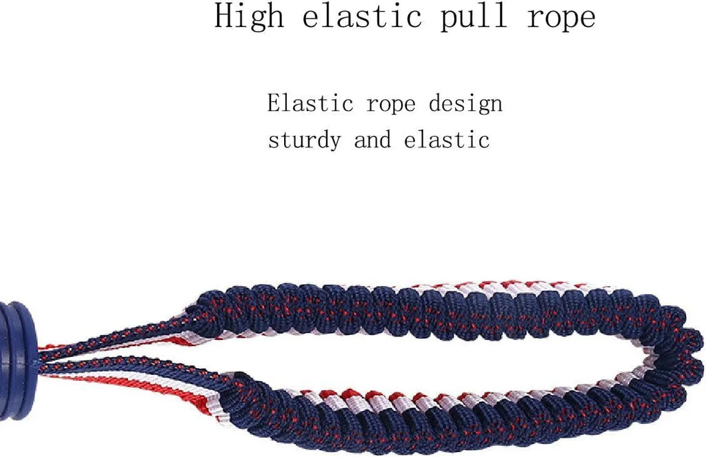 Blue rubber dog ball with rope attachment measuring 29cm long for small breed dogs
