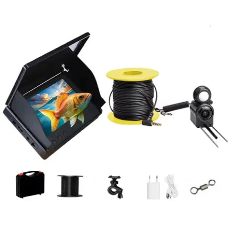 Fish finder unit with 4.3-inch IPS screen showing underwater HD camera feed with night vision lights.