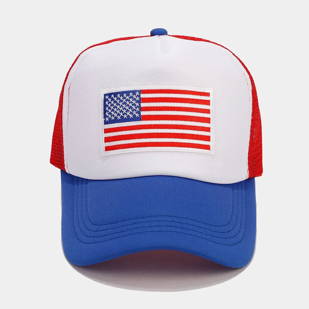 Red and blue contrast mesh baseball cap with adjustable back closure