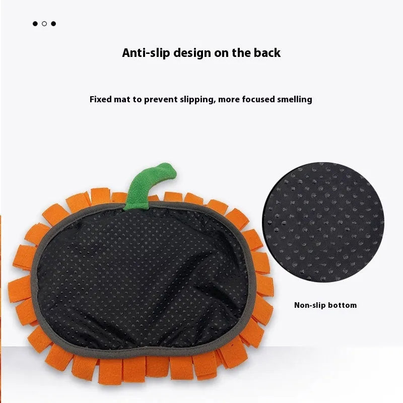 Orange pumpkin-shaped pet smell mat made from polar fleece cloth for dog and cat slow feeding.
