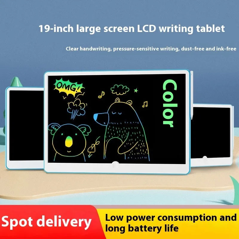 19-inch rechargeable LCD drawing board for children in blue and white colour scheme with stylus.