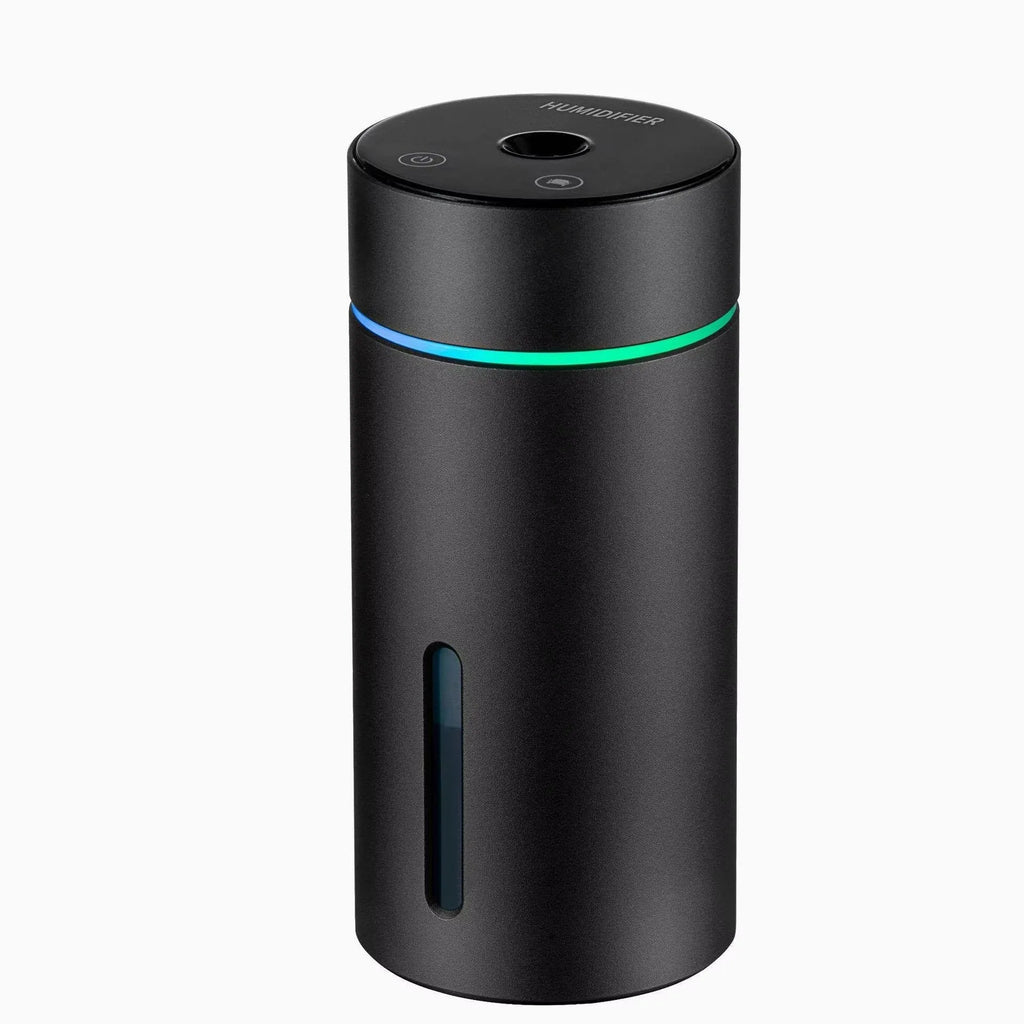 Black aluminium portable car air humidifier and essential oil diffuser unit with USB cable.