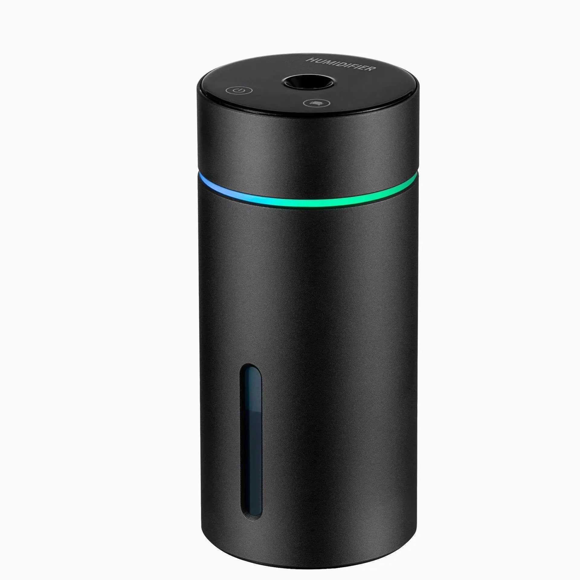 Black aluminium portable car air humidifier and essential oil diffuser unit with USB cable.