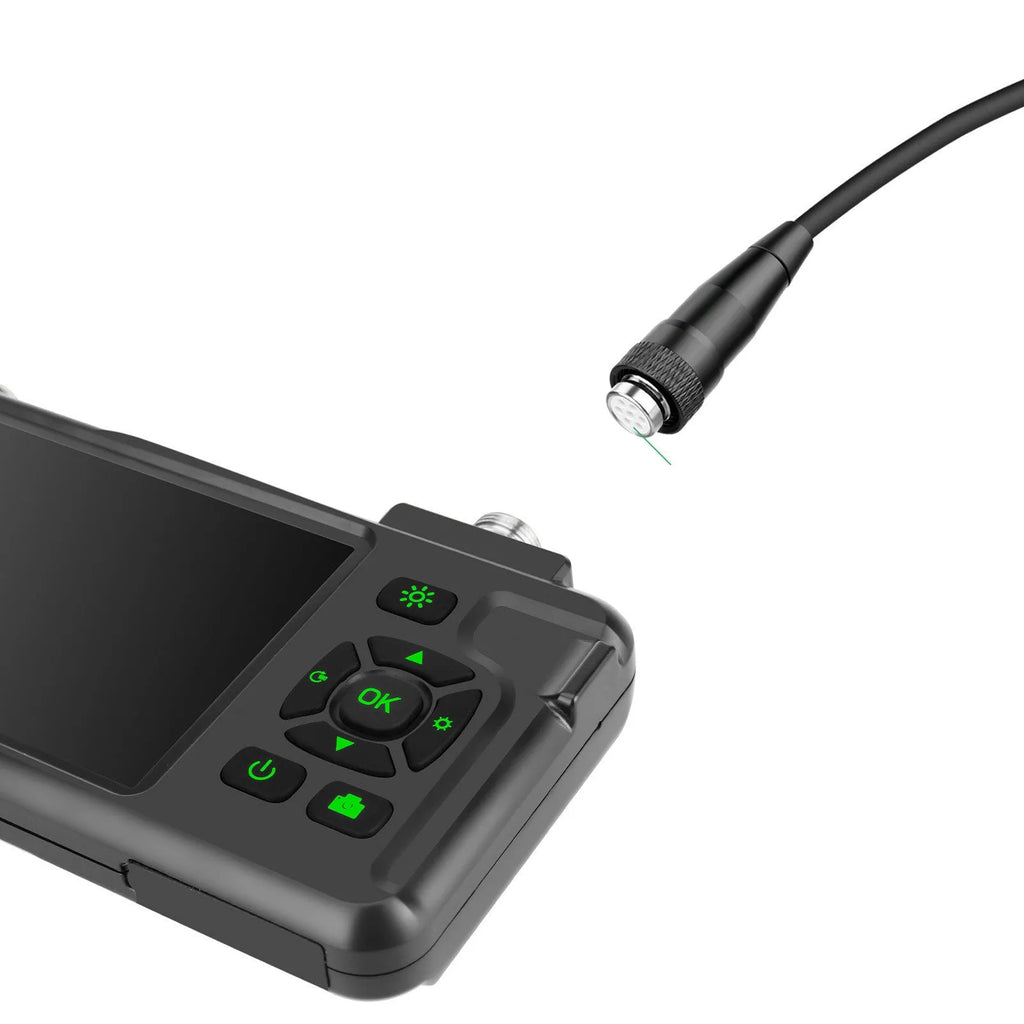 Handheld industrial endoscope with 4.5-inch screen and a thin black inspection probe on a 1-metre cable.