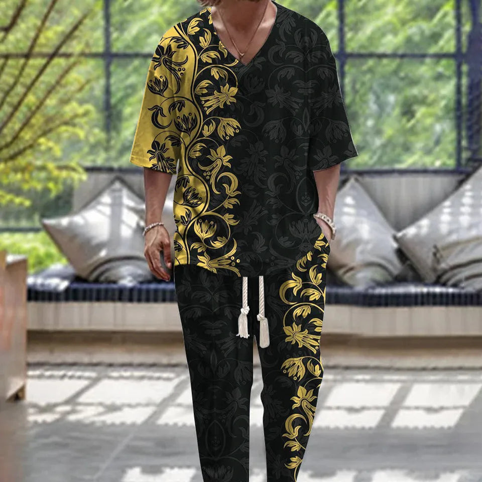 Cropped sleeve V-neck jacket and matching trousers suit set in thin polyester fabric