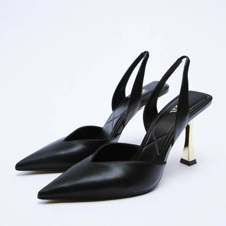 Nude patent leather pointed high heels with shallow cut design in apricot colour