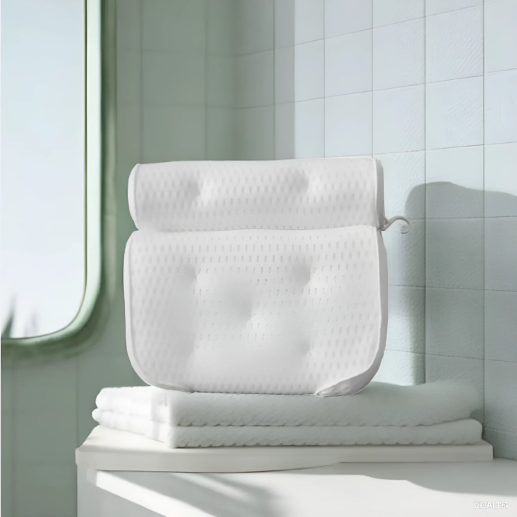 White breathable 3D bathtub pillow with seven suction cups on a bathtub edge.
