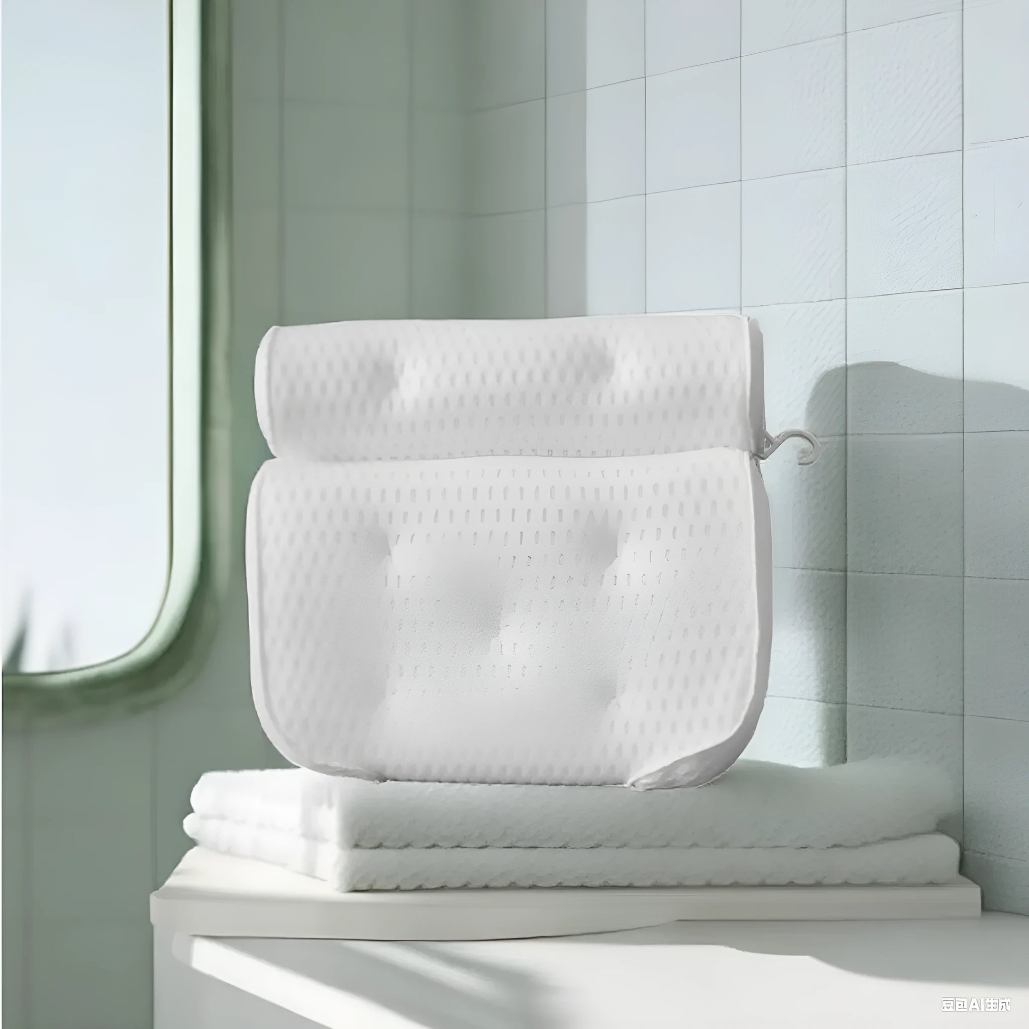 White breathable 3D bathtub pillow with seven suction cups on a bathtub edge.