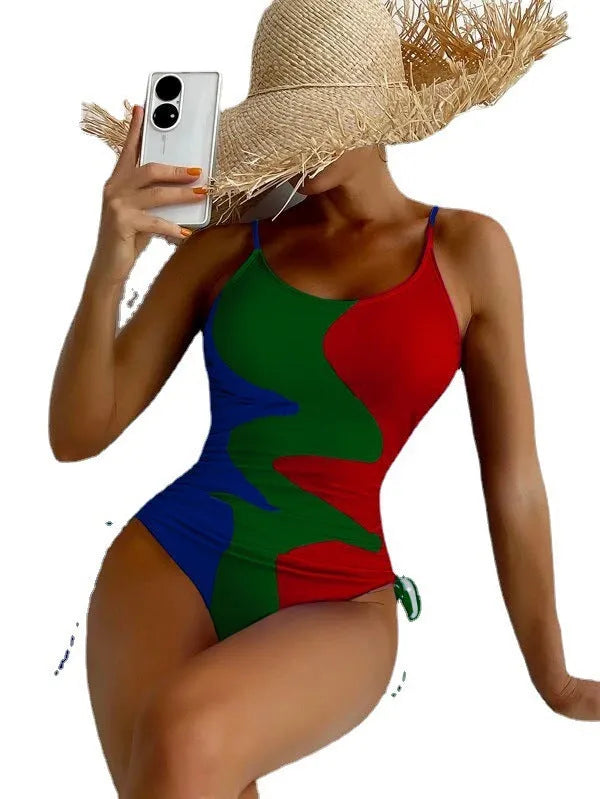 Blue women's sleeveless one-piece swimsuit for swimming sports on a mannequin.