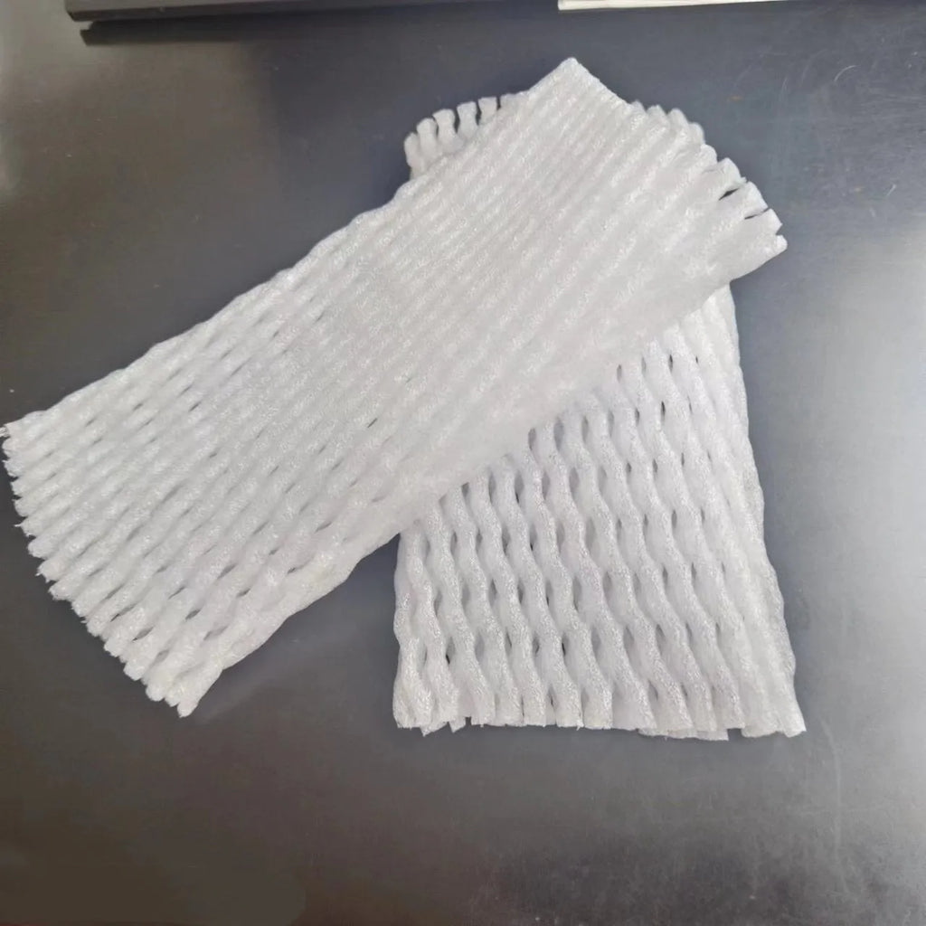White foam net fruit protective cover shown in various sizes for packing.