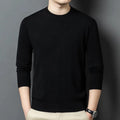 Men's round neck wool and mulberry silk sweater in various colours on a size chart.