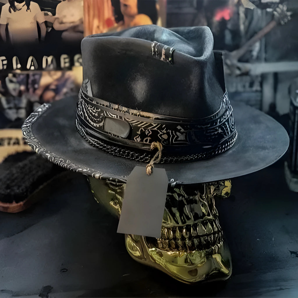 Handmade wool skull hat with conical crown design shown in single colour option