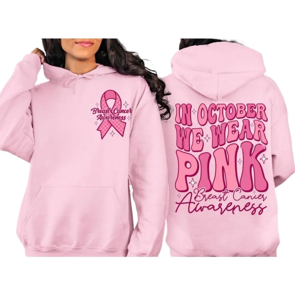 Pink Breast Cancer Awareness pullover hoodie with art retro design and side seam pocket.