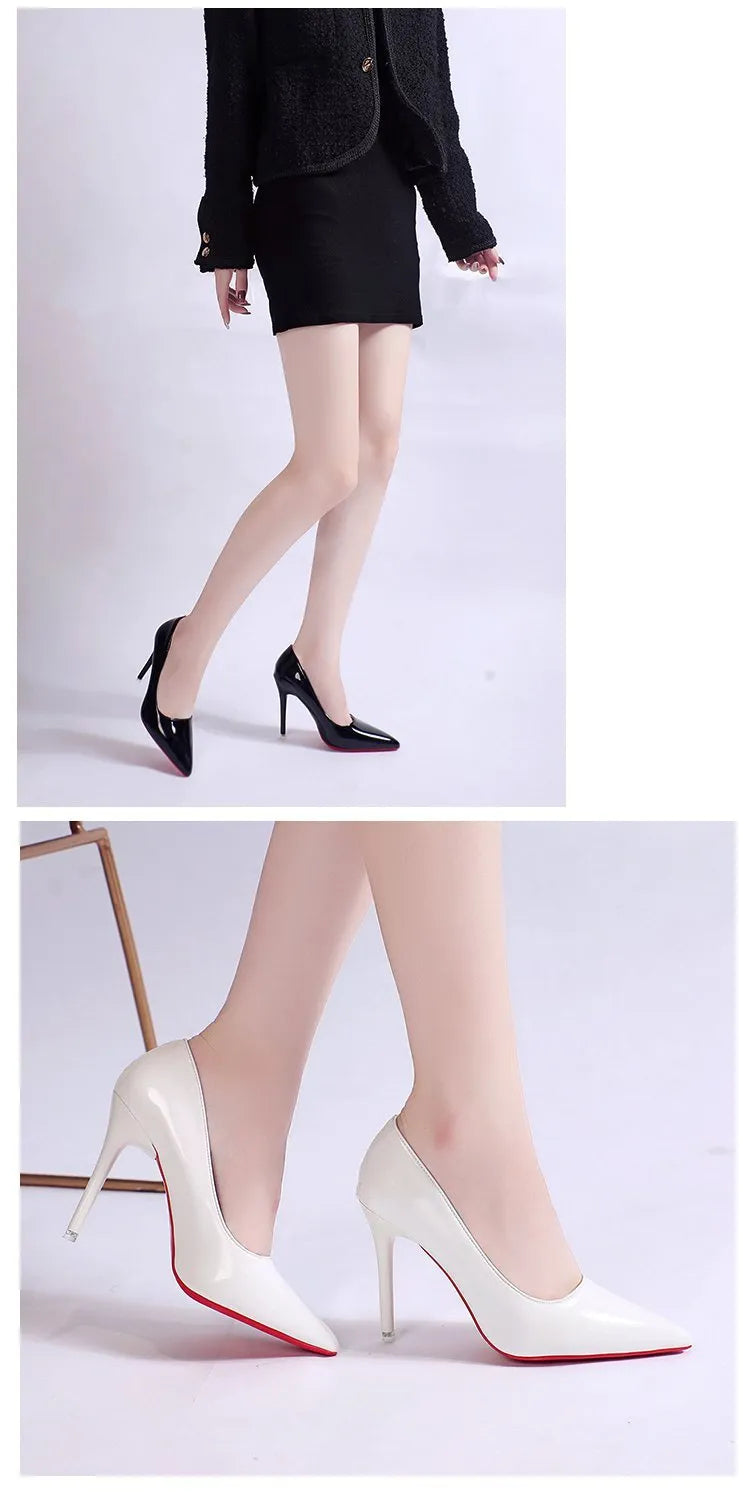 Women's black stiletto heel pump with pointed toe and shallow mouth design on a white background.