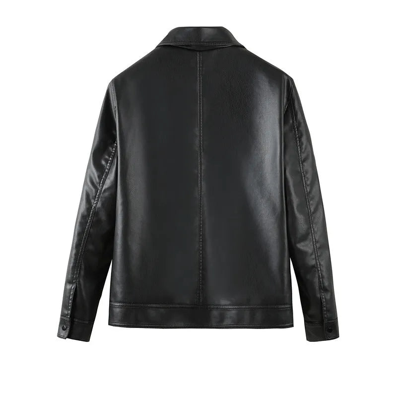 Black men's PU leather jacket with zip pockets and loose fit design
