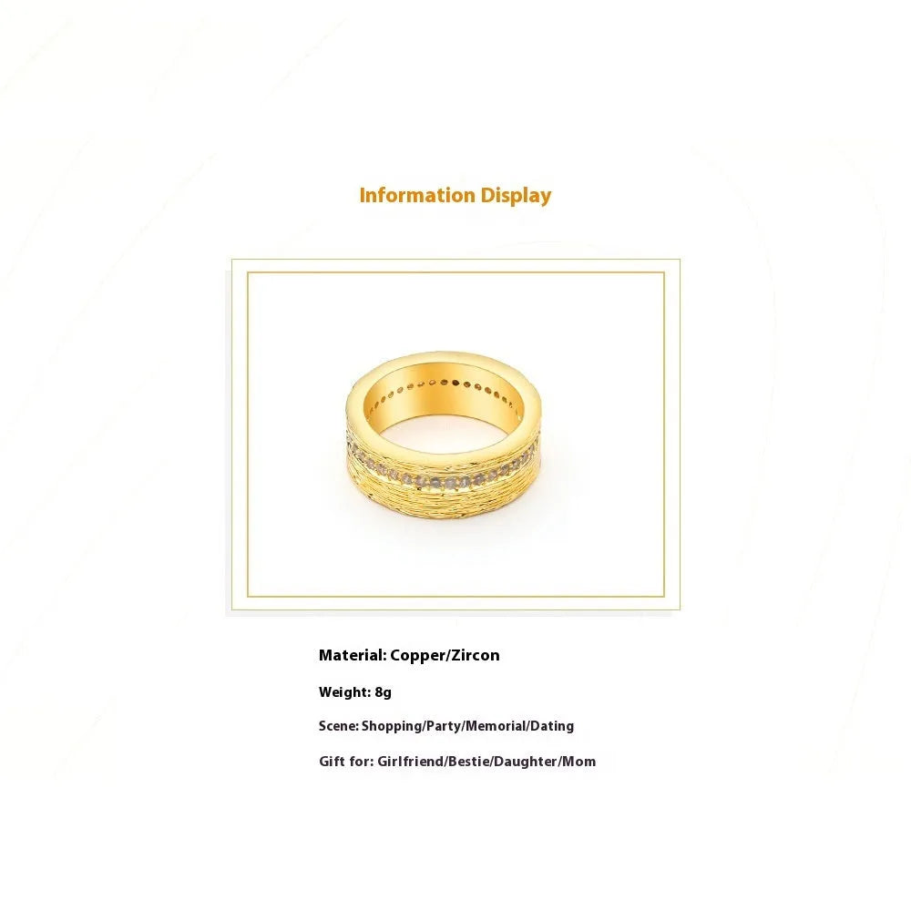 Gold geometric zircon ring for women on a white background, showing detailed metalwork and size options 6, 7, 8.