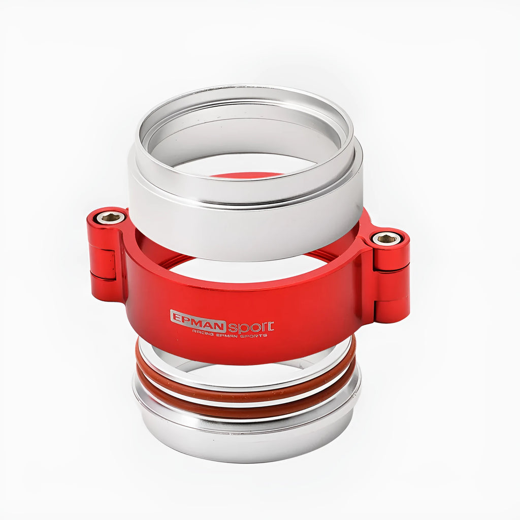 Aluminium exhaust clamp for car modifications in black, blue, or red colours