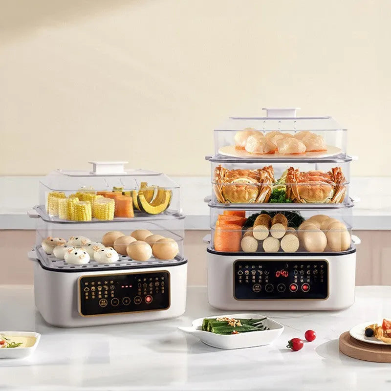 28-litre capacity automatic electric steamer with stainless steel rack on a kitchen counter.