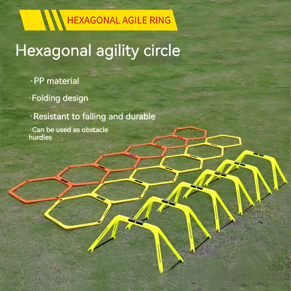Six foldable hexagon football agility training rings in green, orange, and yellow colours