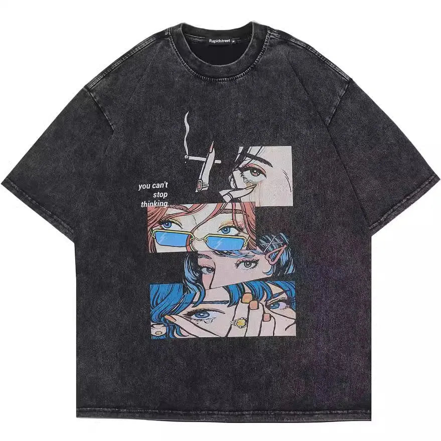 Men's retro cotton t-shirt with cartoon digital printing in loose streetwear fit
