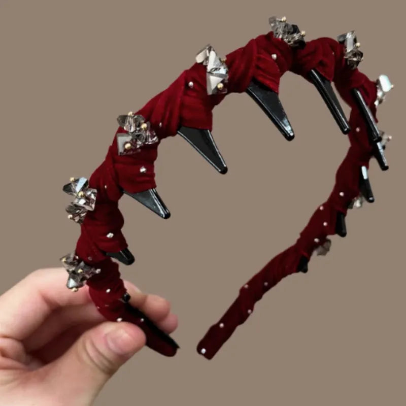 French velvet hairband with crystal embellishments in red, black and coffee colours