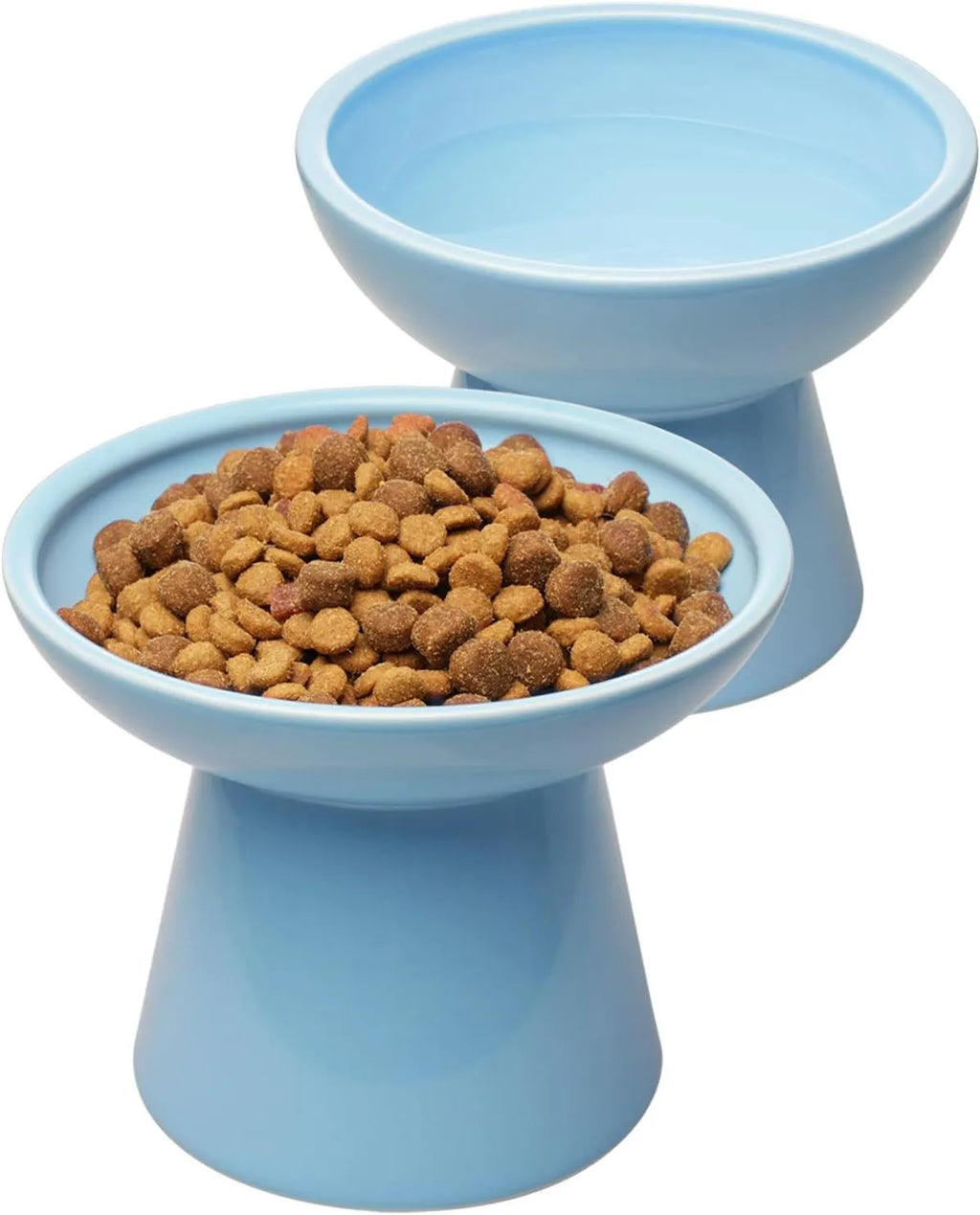 Wide shallow blue elevated ceramic bowl for cat food and water on a floor