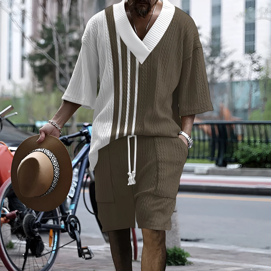 Men's printed drop-shoulder knitted shorts suit in polyester blend fabric