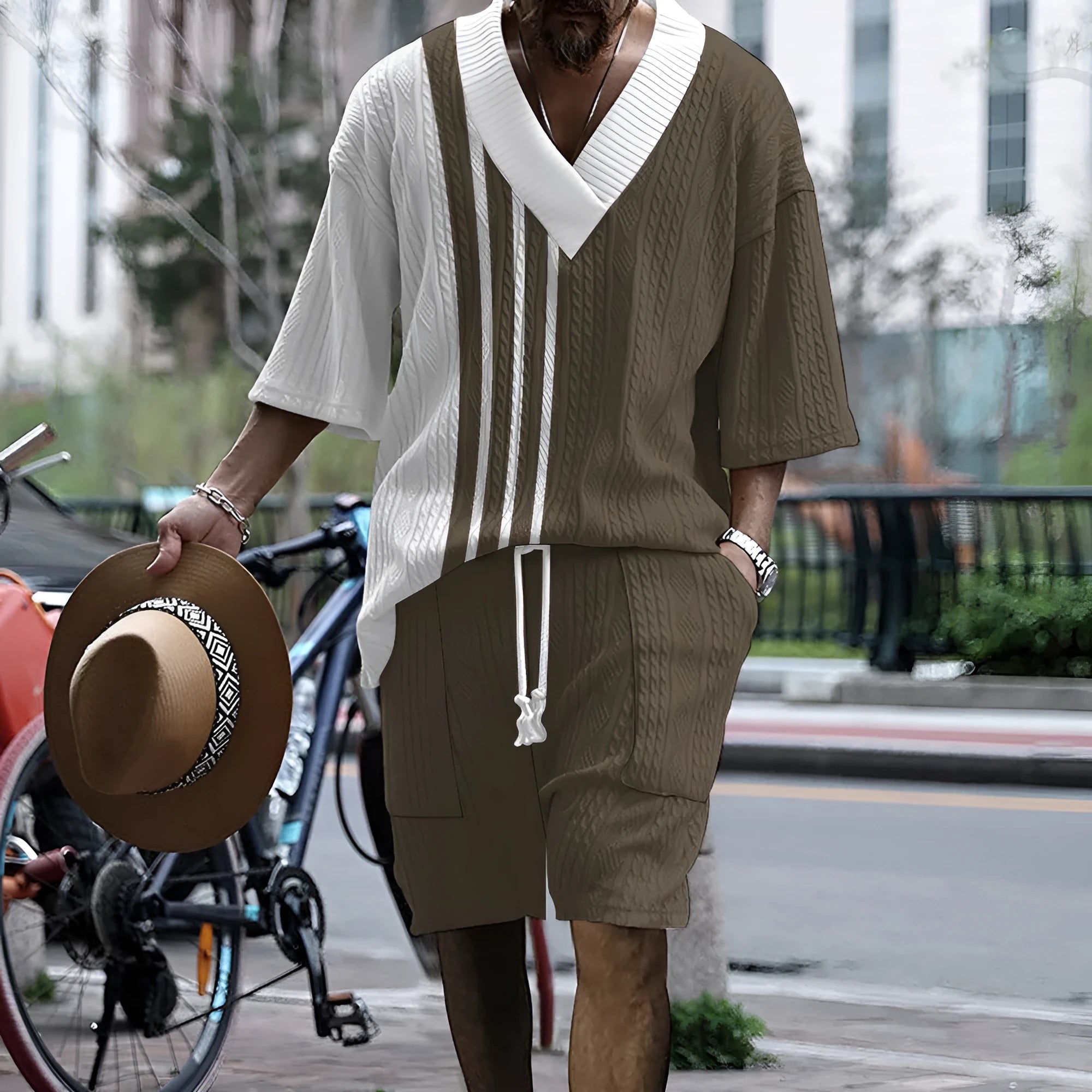 Men's printed drop-shoulder knitted shorts suit in polyester blend fabric