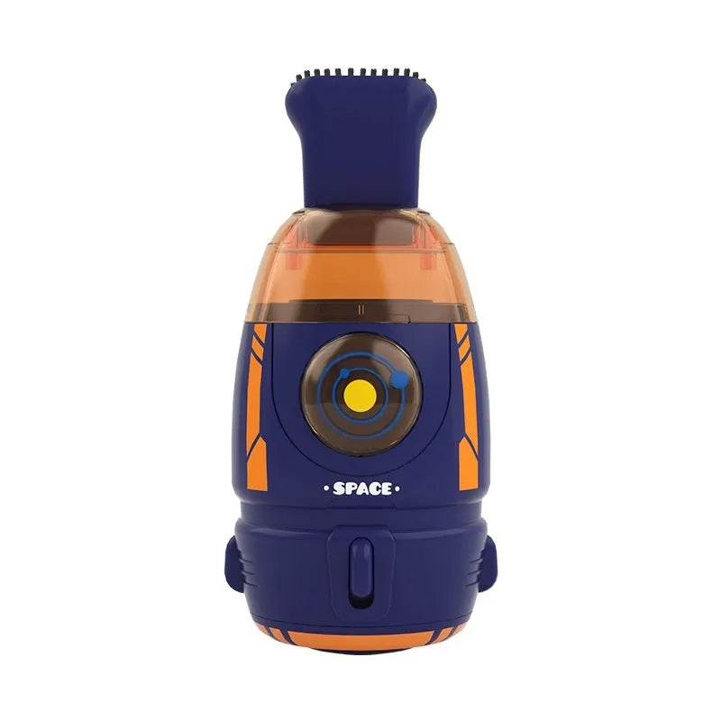 Handheld USB desktop vacuum cleaner in blue rocket design on a wooden desk.