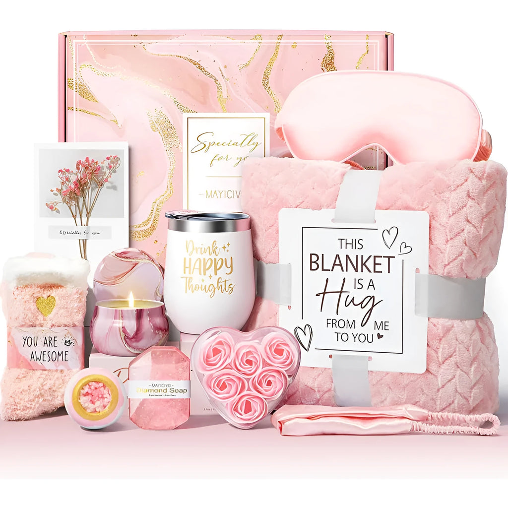 Modern simplicity style aromatherapy gift set in a white plastic box with candle, soap, and bath products.