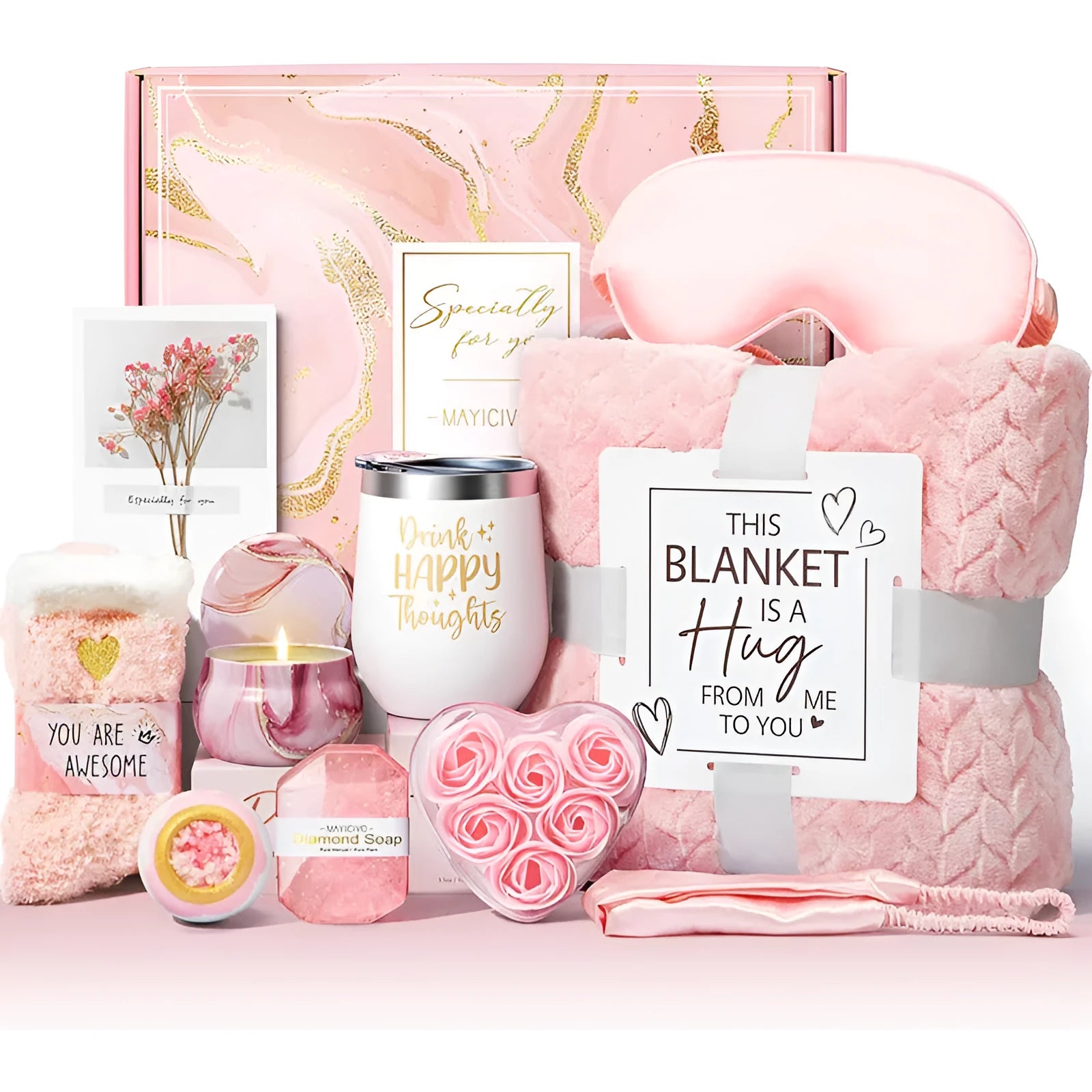 Modern simplicity style aromatherapy gift set in a white plastic box with candle, soap, and bath products.