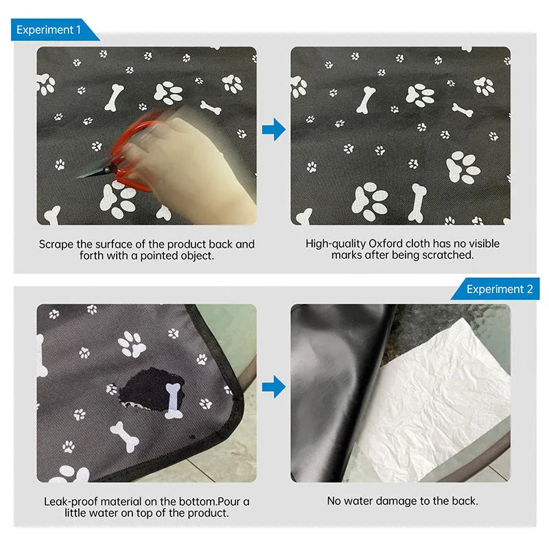 Grey cloth car pet mat with dog bone print protecting a car rear seat