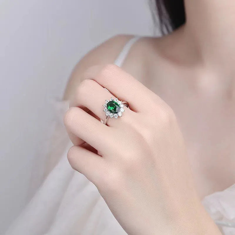 Women's floral copper ring with electroplated blue moissanite colour and zirconium detailing.