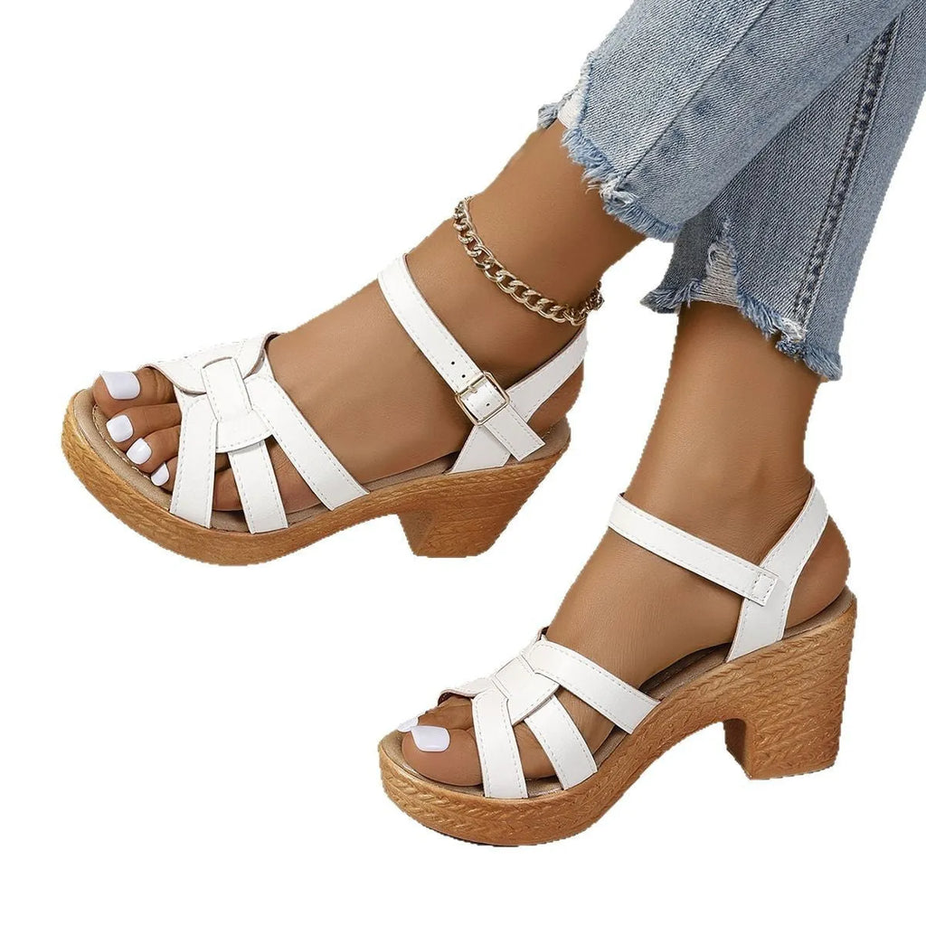 Plus size Roman women's peep toe sandals with chunky heel and ankle strap buckle in black