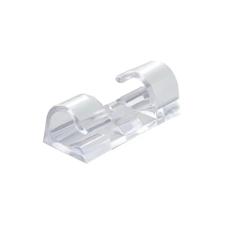 Transparent plastic self-adhesive cable clips in four size variants for wire organisation