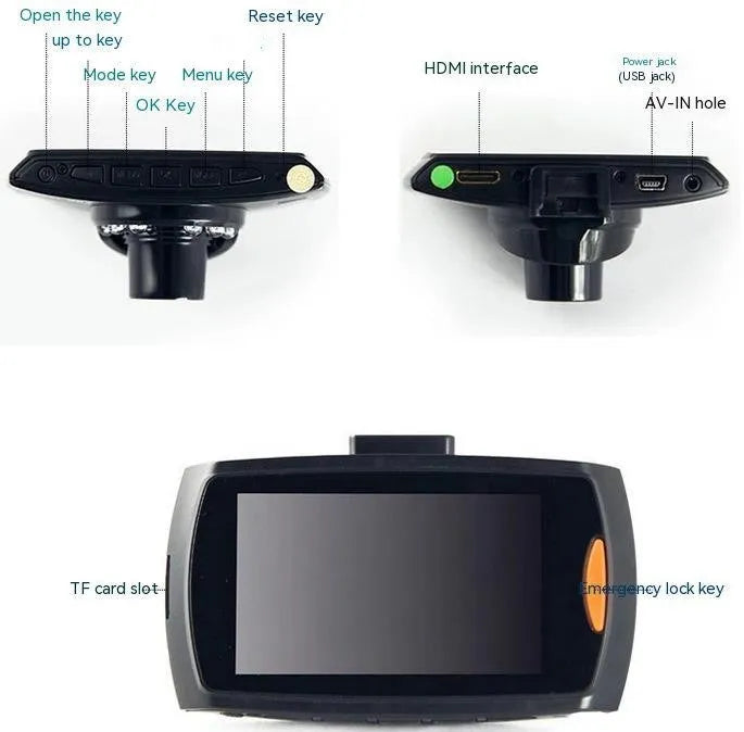 G30 HD car DVR dual camera system showing front and rear recording with night vision and reversing display