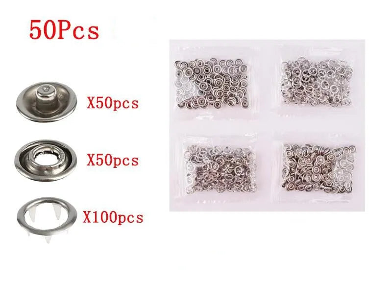 Stainless steel five claw no-sew suit buttons with pliers tool for children's clothing.