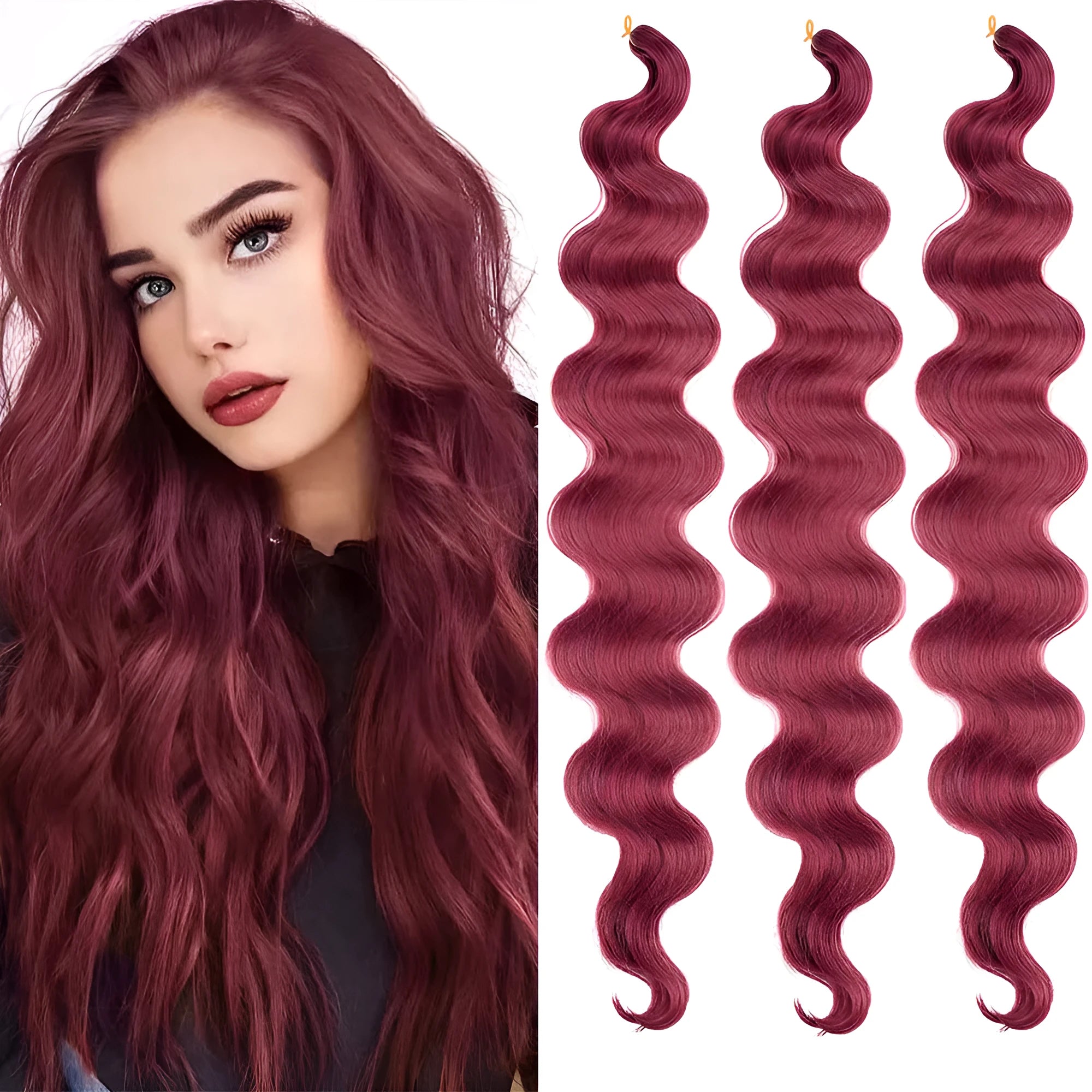 Wine red long wig with big wave curls, showing 24 inch length on a mannequin head