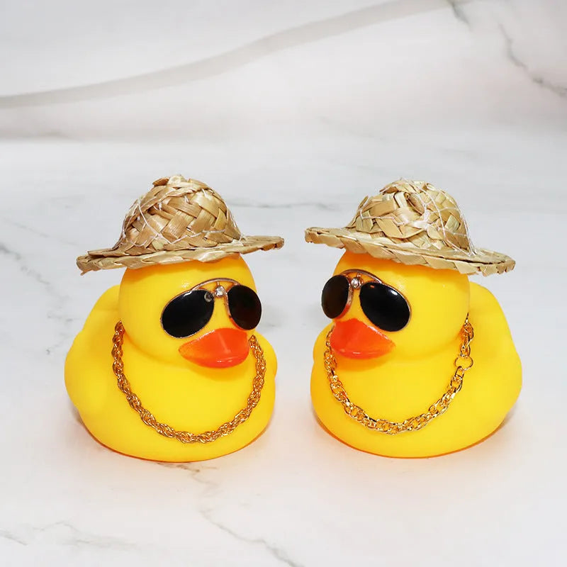 Straw hat yellow duck cartoon car ornament with matte finish and sunglasses accessory