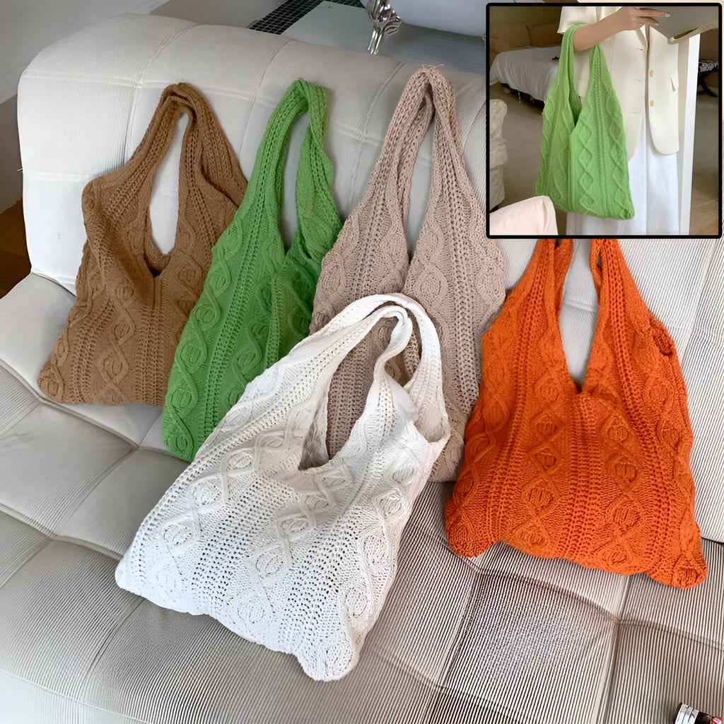 Women's retro-style knitted crochet tote bag with double shoulder straps in a solid colour.