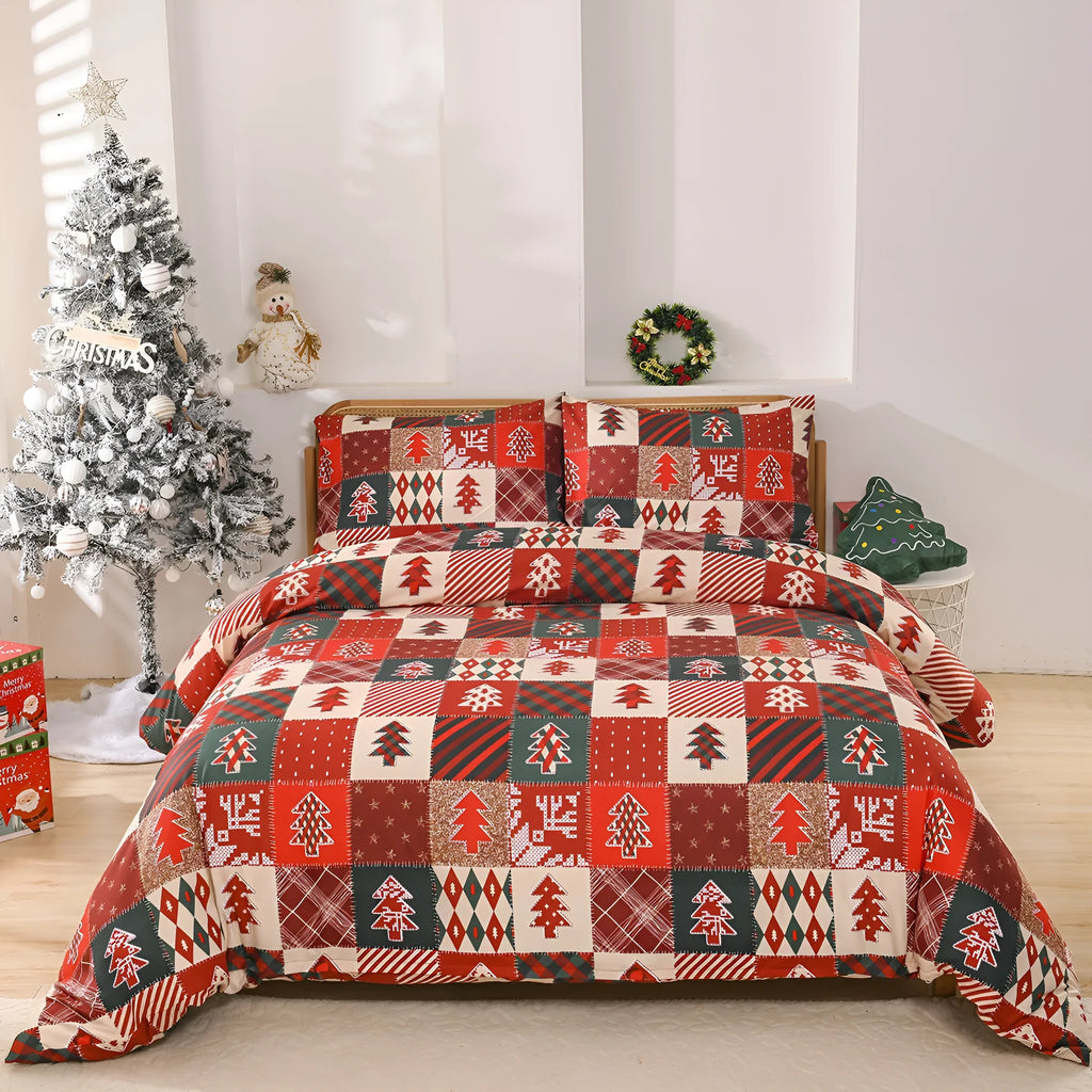 Christmas red plaid patterned quilt cover and pillowcases bedding set on a bed.