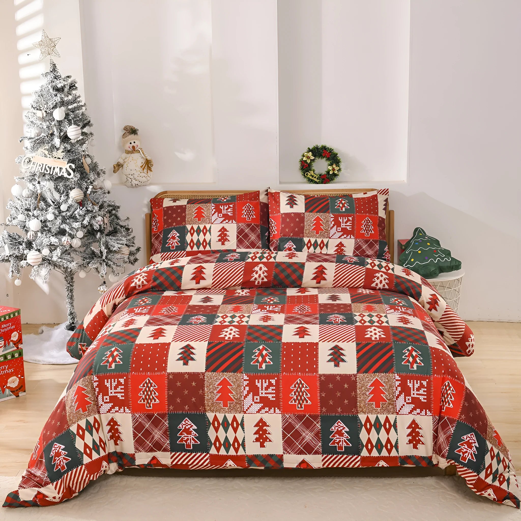 Christmas red plaid patterned quilt cover and pillowcases bedding set on a bed.