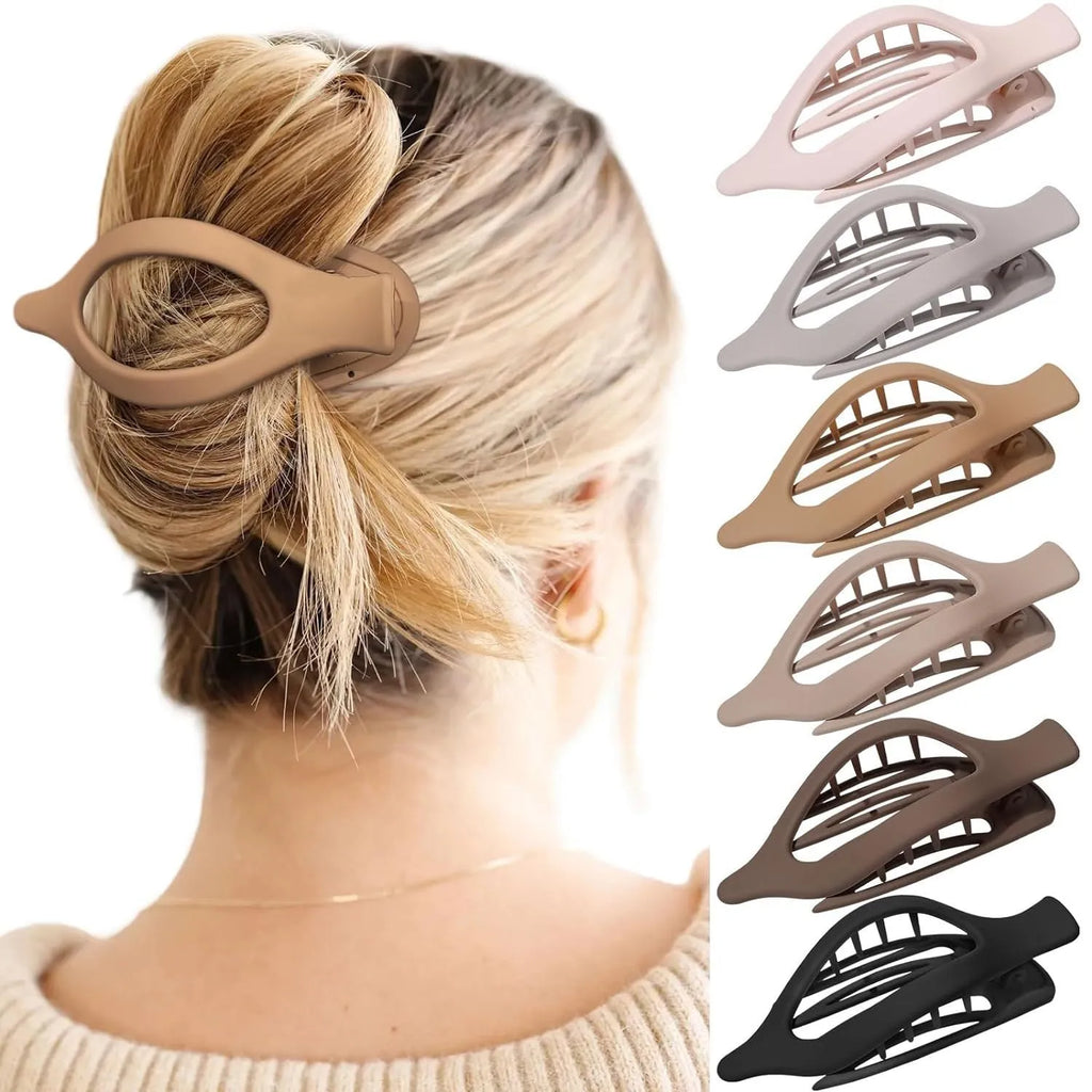 Six rose red plastic hair clips with frosted grip and pointed toe design