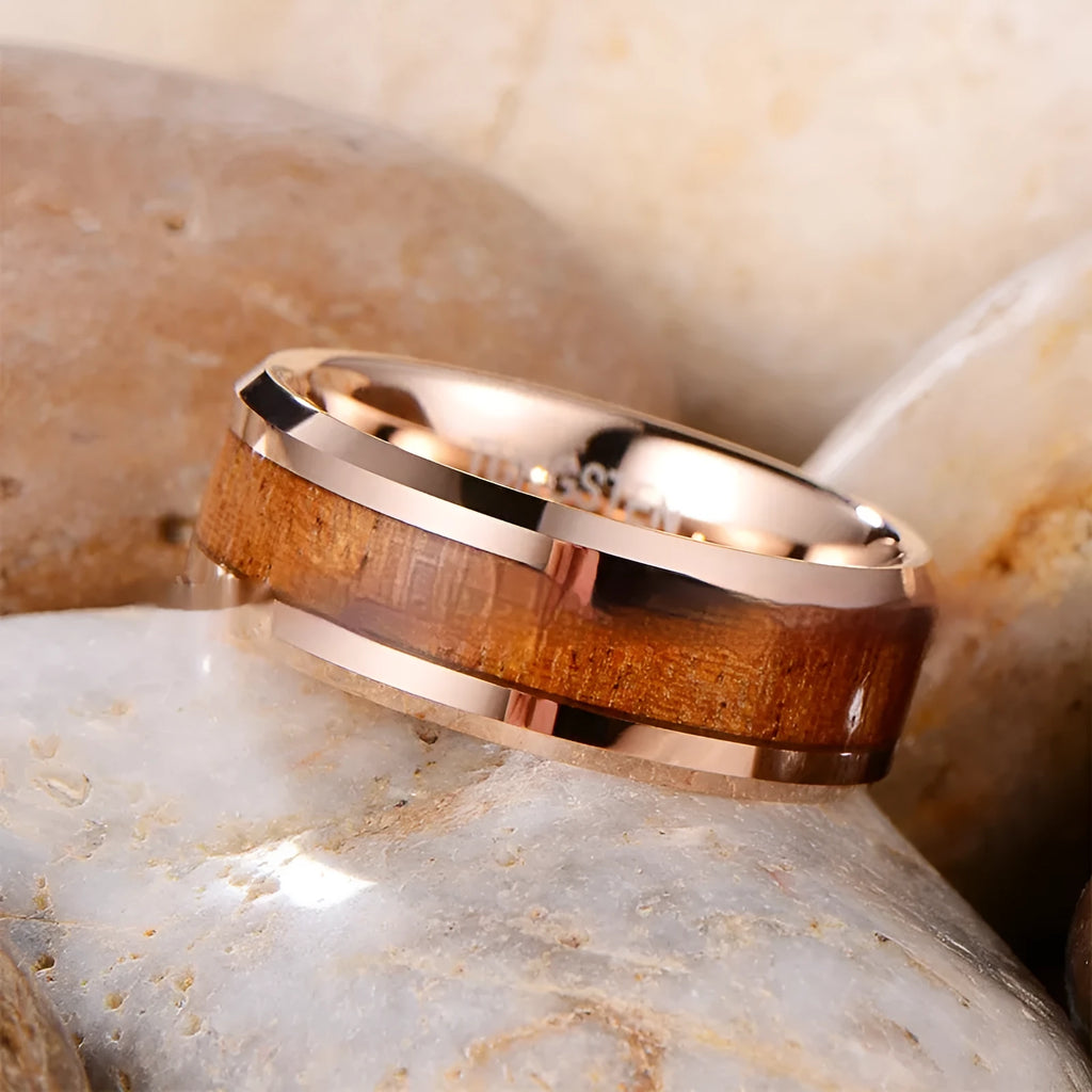 Ugyen tungsten ring with wood leather texture in 8mm width, rose gold or steel colour options