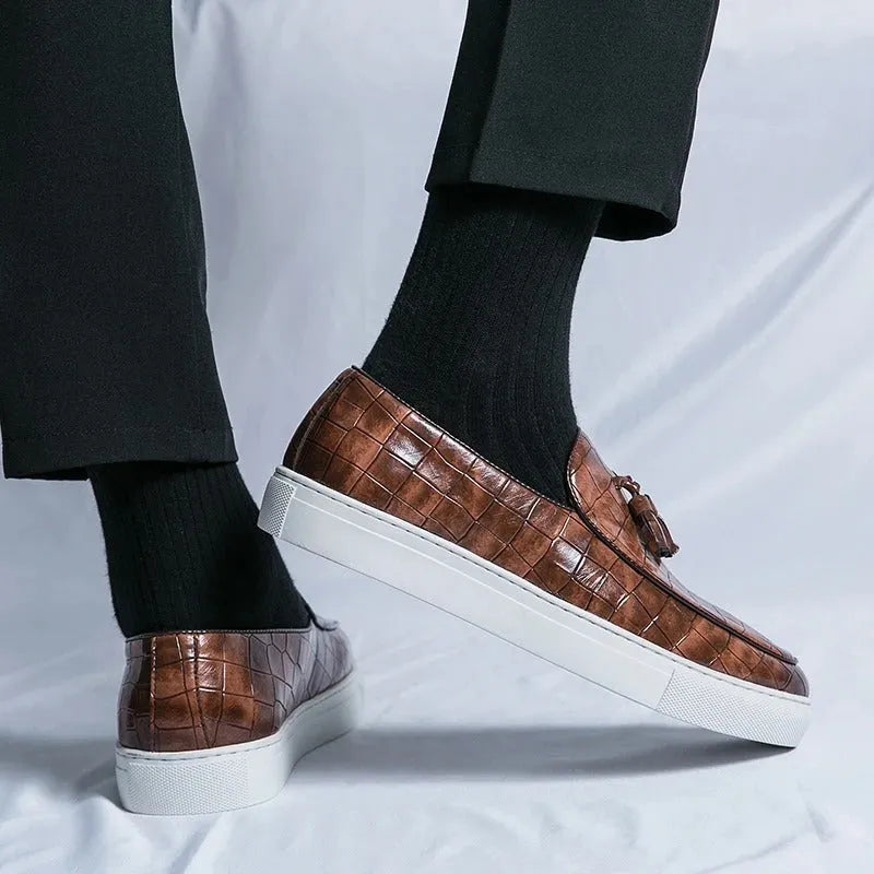 Men's black business casual sneakers with tassel detail and round toe