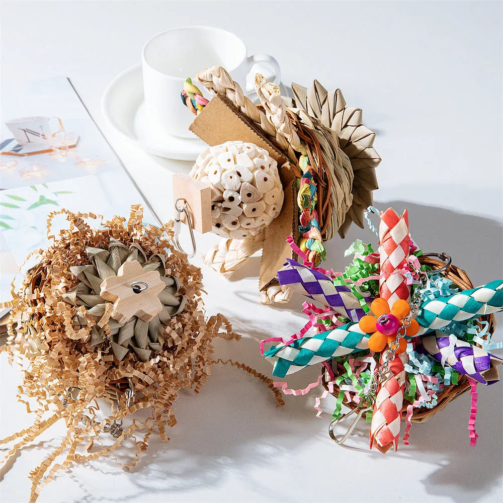 Parrot gnawing molar chew toy set with three wooden pieces of different weights for bird beak care